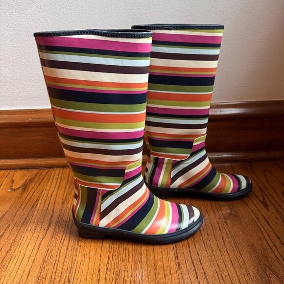Coach Shoes - COACH Womens Pammie Rain Boots Size 6B Colorful Stripes Rubber Mid Calf Slip On